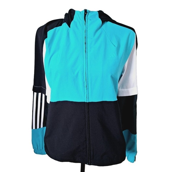 Adidas Color Block Hooded Lightweight Windbreaker Jacket Mesh Striped Medium - Picture 1 of 9